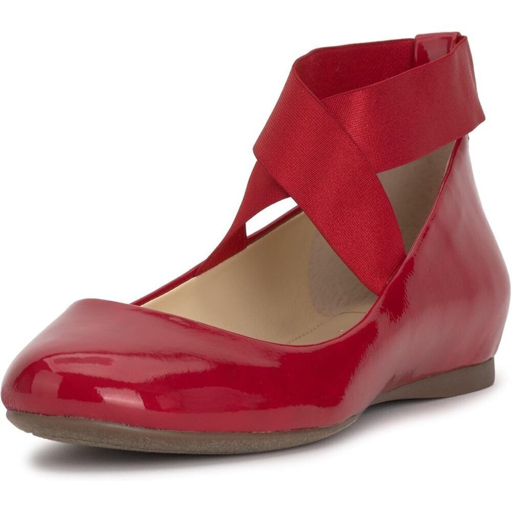 Jessica Simpson Women's Red Muse Faux Leather Ankle Cross Elastic Ballet Flats